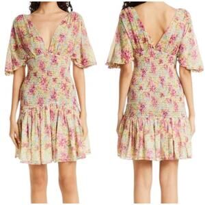 ByTiMo NWT Floral Smocked Chiffon Mini Dress Summer Flowers Size M Deep V-Neck